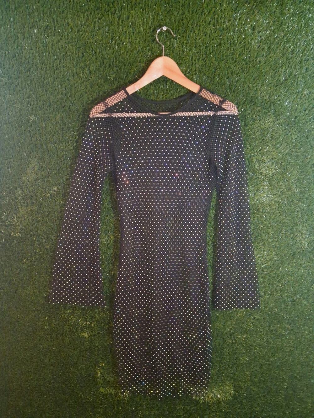 Black Rhinestone Fishnet Mini Dress Sheer Mesh Bodycon Party Rave Festival Small